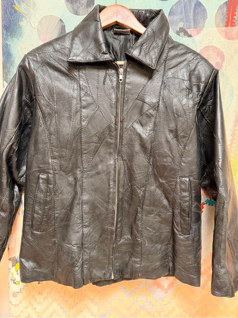 FLIGHT PATH Patchwork Leather Bomber Motorcycle Jacket Mens Size S Black - Picture 12 of 13